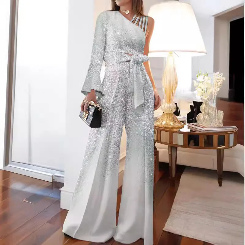 Silk Painting Dye - Elegant 2 ชิ้นชุดชุดสตรี Off-the-ไหล่เลื่อมเสื้อและเอวสูง PLUS-ขนาดกางเกงขากว้างชุดสตรีชุด