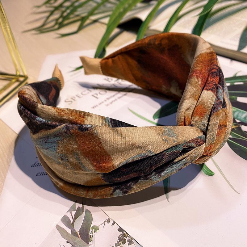 Silk Painting Dye - ที่คาดผมพิมพ์ลายไท-ได - ลายภาพวาดสีน้ำมันสไตล์วินเทจ ดีไซน์กว้าง ทรงมงกุฎสูง เครื่องประดับผมสำหรับทรงผมเกล้าช่วงฤดูร้อน