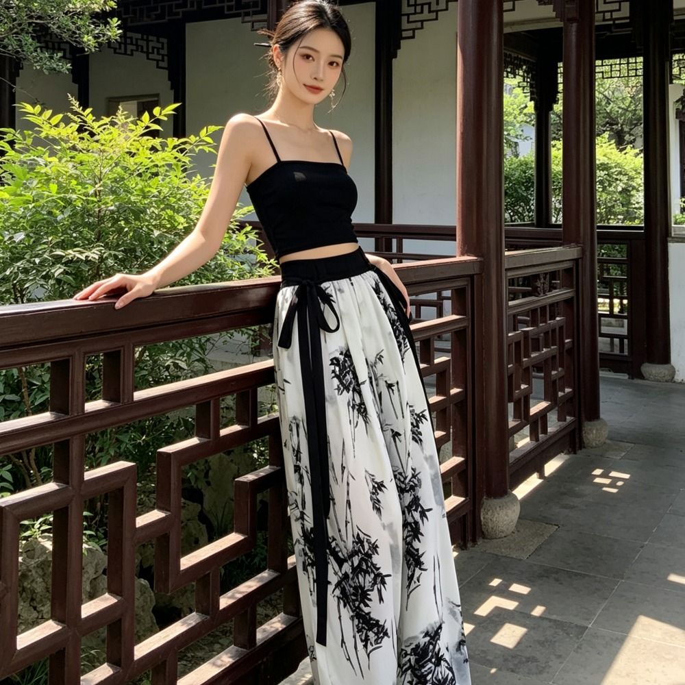 Silk Painting Dye - กางเกงลำลองลายพิมพ์หมึกสไตล์จีนย้อนยุค ผ้าไหมน้ำแข็ง ย้อมสีแบบไท-ได ทรงขาตรง เอวสูง ใส่ได้ทั้งฤดูร้อน