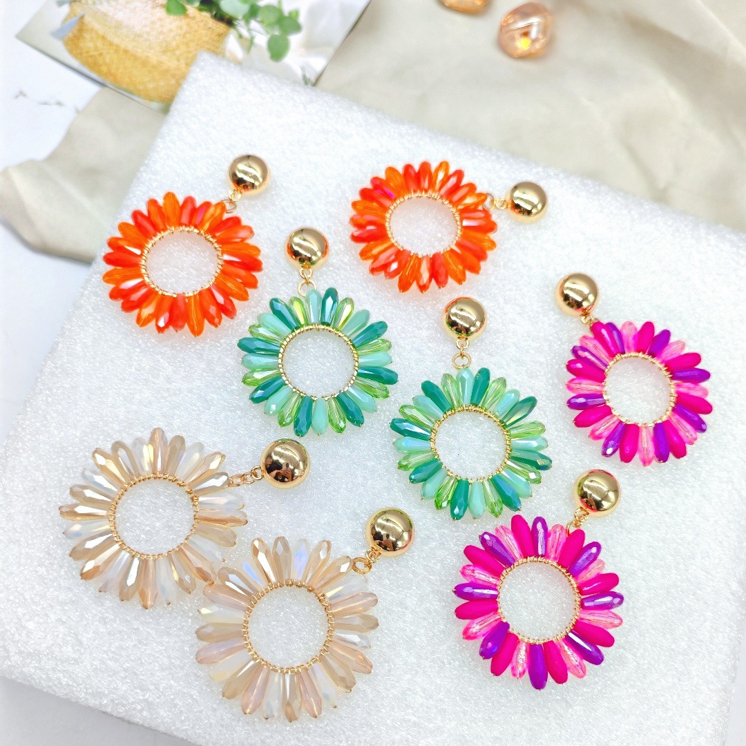 Knitting Needle Circular - ต่างหูลูกปัดข้าว วงกลม คริสตัล ความคิดริเริ่ม ถักมือ โบฮีเมีย