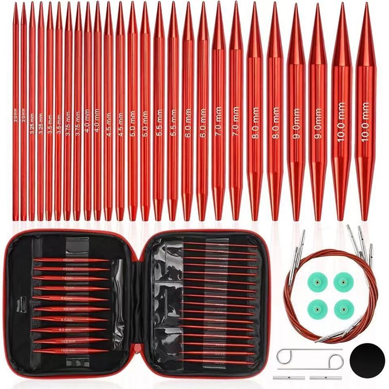 Knitting Needle Circular - A25F-Circular สำหรับชุดเข็มถักทำจากอะลูมิเนียมสีแดงด้าน ชุดประกอบด้วยอุปกรณ์เสริมสำหรับผู้เริ่มต้นและผู้ใช้ระดับสูง