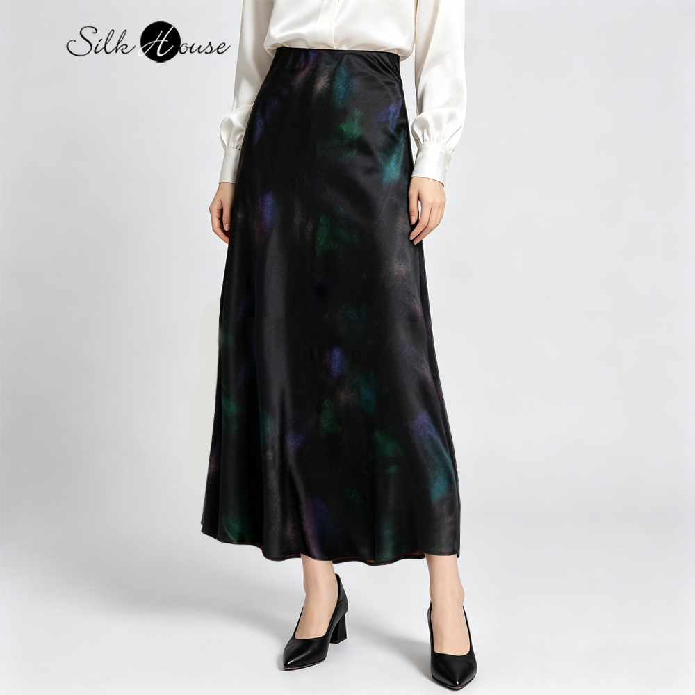 Silk Painting Dye - กระโปรงทรงเอไลน์ผ้าไหมมัลเบอร์รี่แท้ 100% ลายพ่นสีแคทอายสุดหรู พร้อมดีไซน์ระบายขนาดใหญ่ กลิ่นหอมละมุน ตัดเย็บทรงสลิม