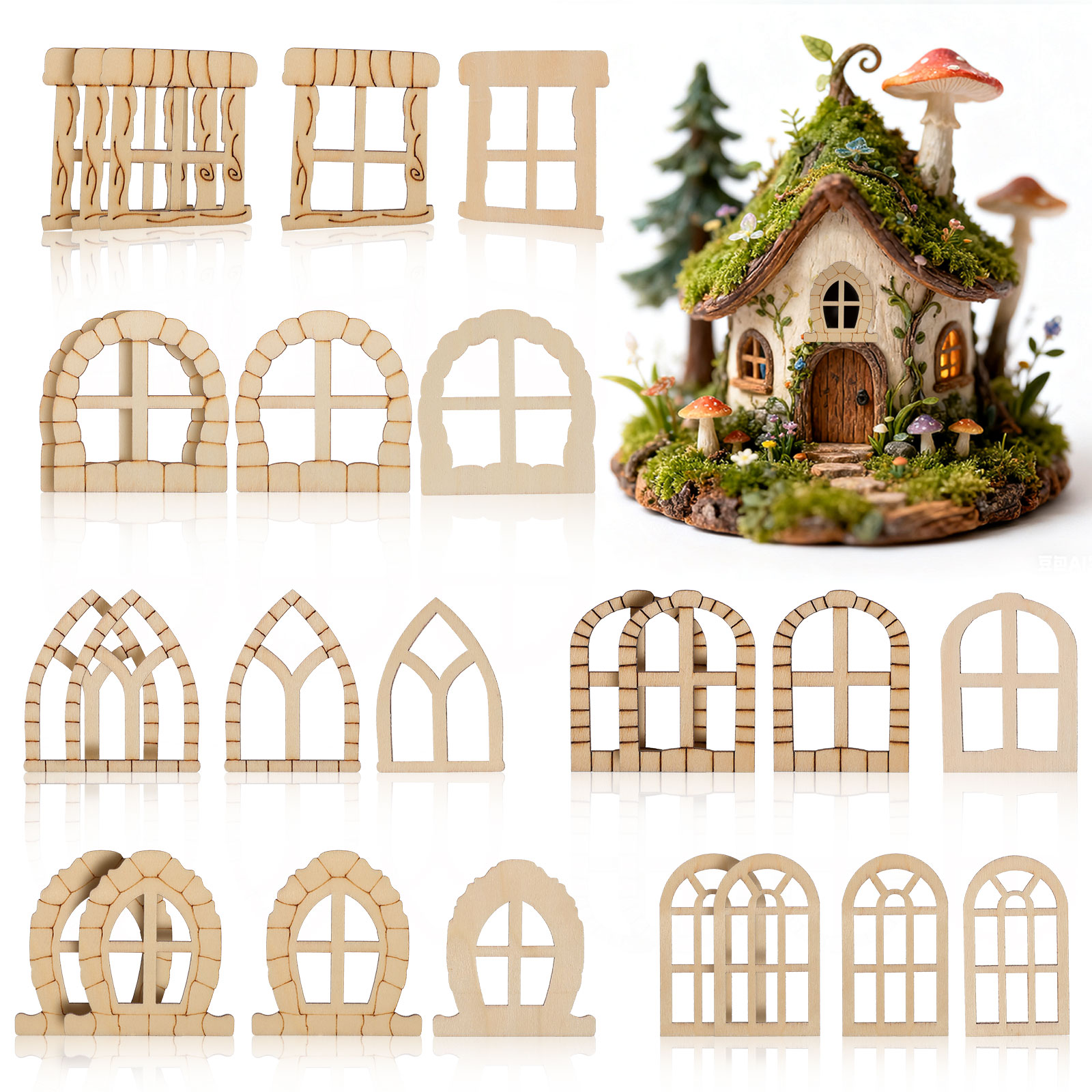 Art Craft Door - ชุดประตูหน้าต่างไม้จิ๋ว 25 ชิ้น งานไม้ยังไม่เสร็จ สำหรับงาน DIY