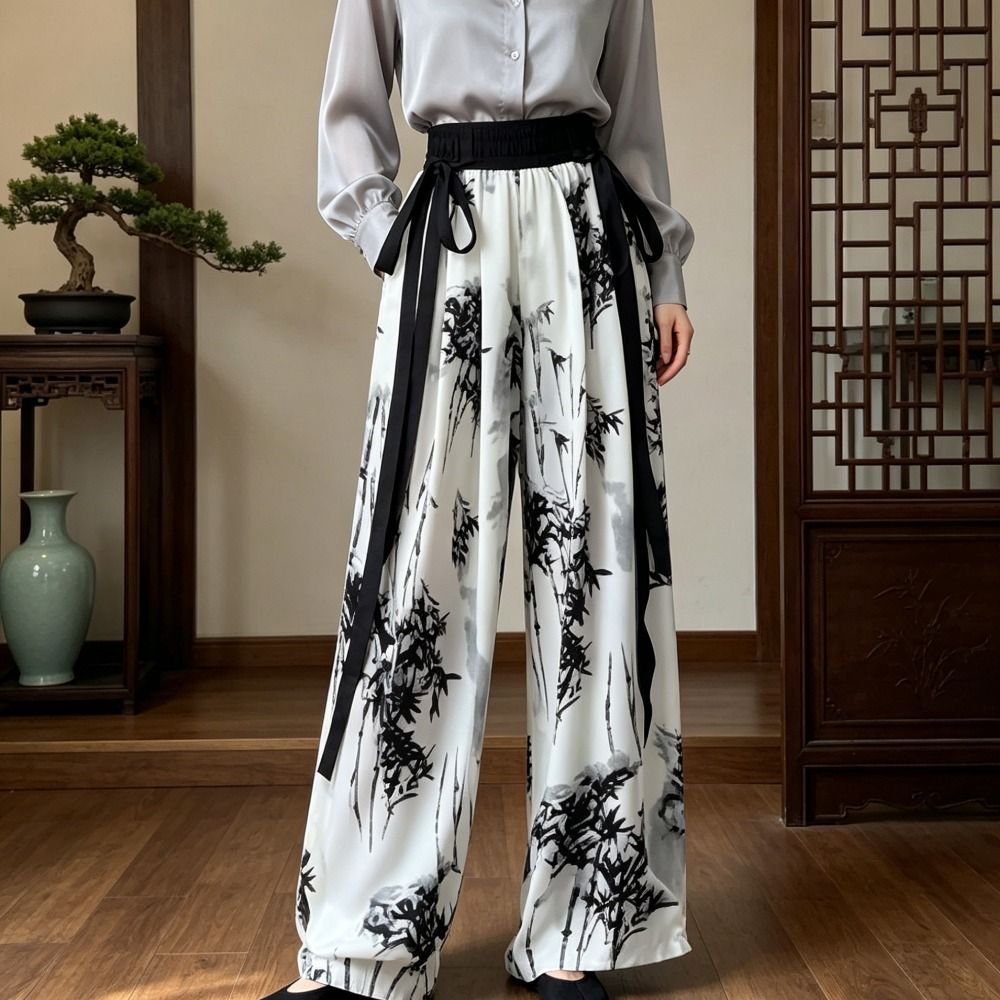 Silk Painting Dye - กางเกงลำลองลายพิมพ์หมึกสไตล์เรโทร ผ้าไหมน้ำแข็ง ย้อมสีแบบไท-ได ทรงขากว้าง สไตล์จีน เอวสูง
