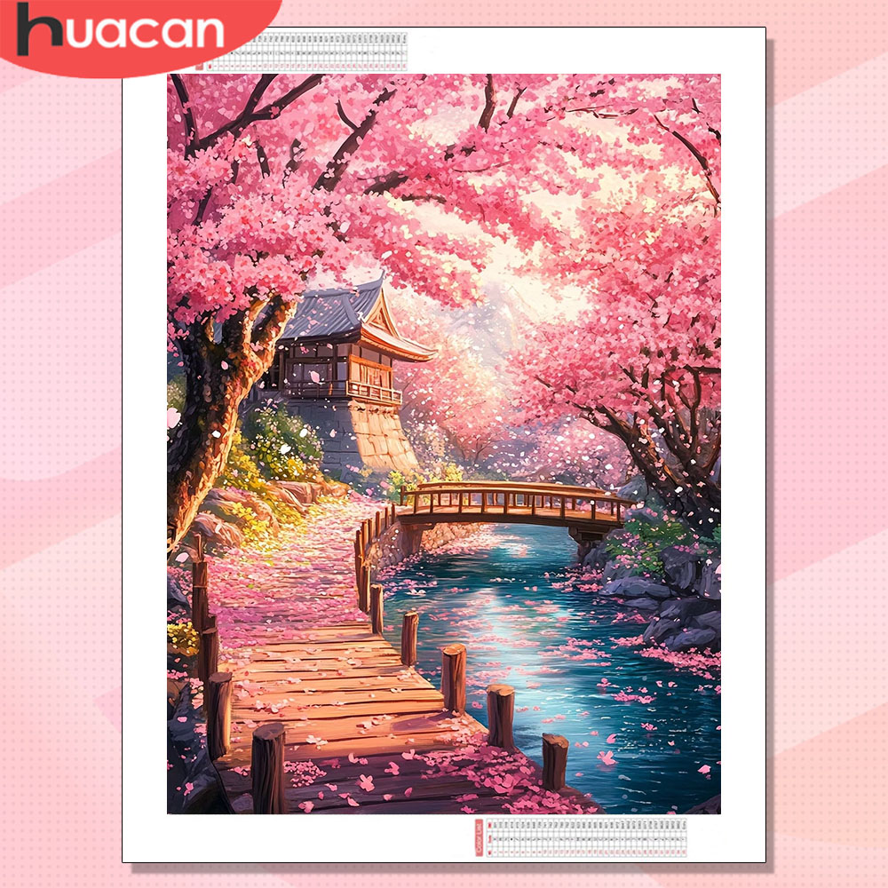 Wallpaper Art And Craft - ภาพวาดเพชร HUACAN ลายทิวทัศน์บ้าน งานฝีมือสร้างสรรค์ ภาพวาดเพชรลายดอกซากุระ ของตกแต่งบ้าน