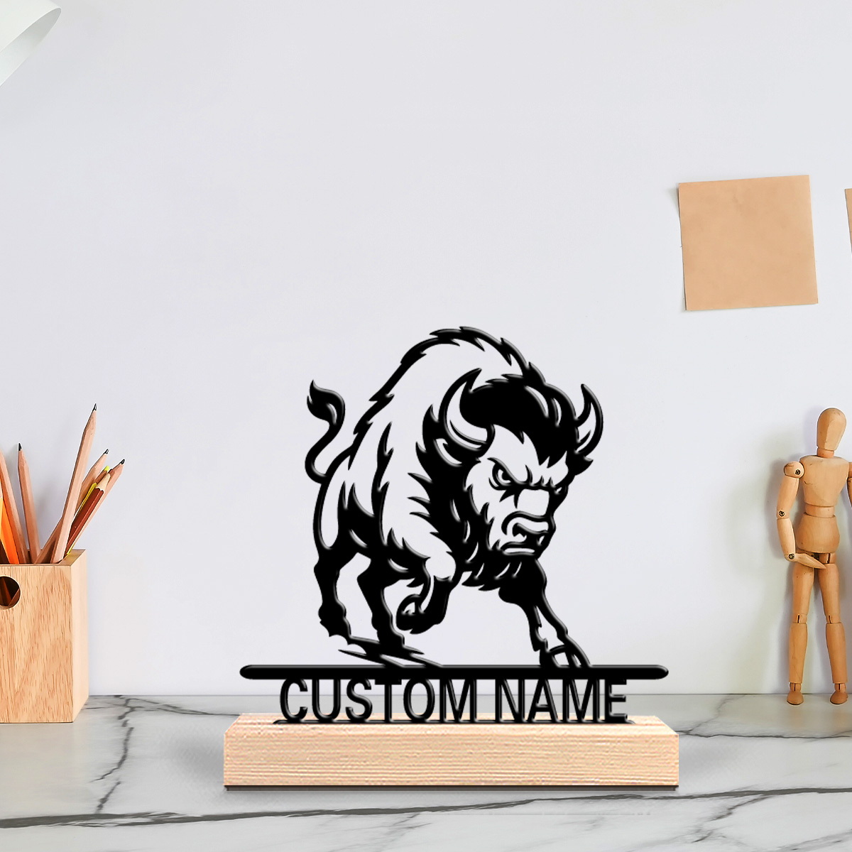 Art Y Craft - รูปปั้นสิงโตโลหะแบบมินิมอล 1 ชิ้น ปรับแต่งข้อความได้ งานศิลปะหัตถกรรม พร้อมฐานไม้