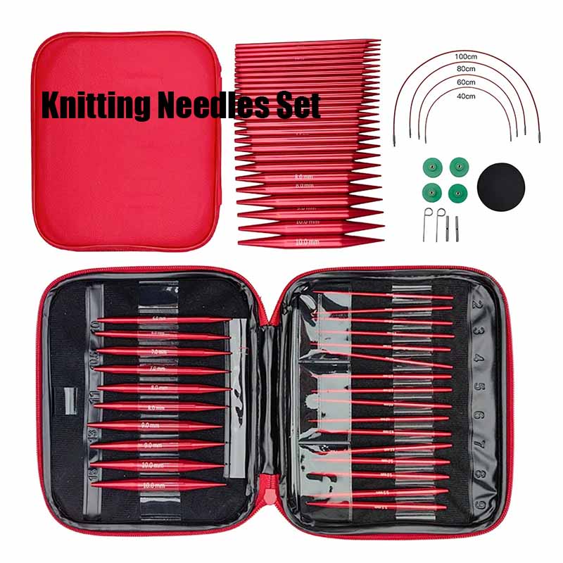 Knitting Needle Circular - ชุดเข็มถักนิตติ้ง 25 ชิ้น เข็มถักวงกลมแบบถอดเปลี่ยนได้ ทำจากโลหะ พร้อมชุดอุปกรณ์เสริมแบบถอดได้