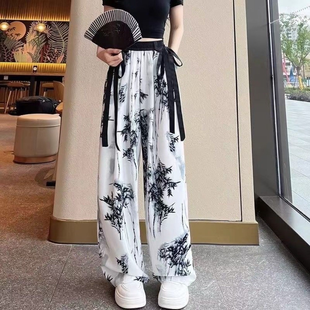 Silk Painting Dye - กางเกงลำลองลายพิมพ์หมึกสไตล์จีนย้อนยุค ผ้าไหมน้ำแข็ง ย้อมสีแบบไท-ได ทรงขากว้าง เอวสูง ใส่ได้ทั้งฤดูร้อน